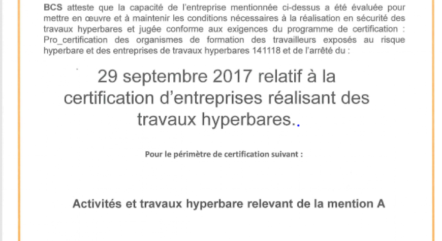 Certification BCS Travaux Hyperbares